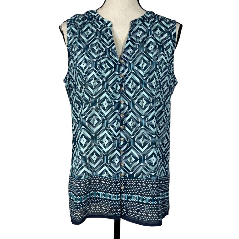 Croft & Barrow Medium Top Sleeveless Geometric Button-Up Semi-Sheer V-Neck Slits